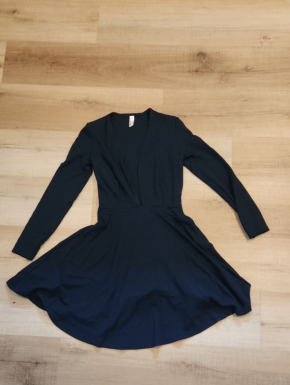 American Apparel Black Long Sleeve V-Neck Fit & Flare Dress
